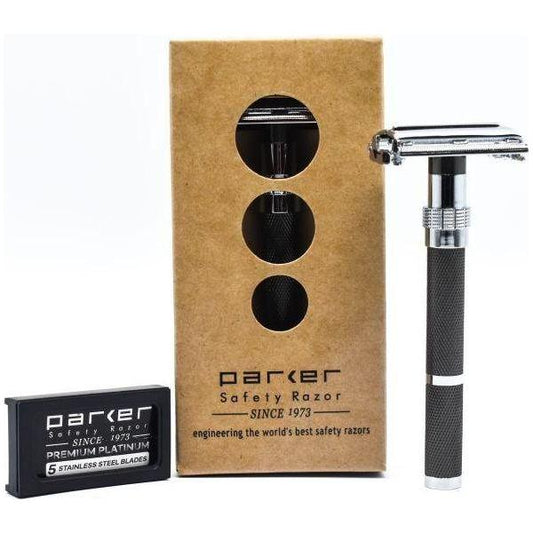 Parker 96R long handle butterfly safety razor with graphite finish, featuring a sleek design and textured grip for precise shaving.