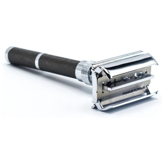 Parker 96R long handle butterfly safety razor in graphite finish, featuring a textured handle and classic safety razor design.