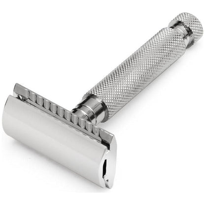 Parker 97R heavyweight three-piece safety razor with a polished metal handle and head, designed for close, smooth shaves.