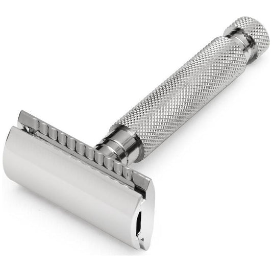 Parker 97R heavyweight three-piece safety razor with a polished metal handle and head, designed for close, smooth shaves.