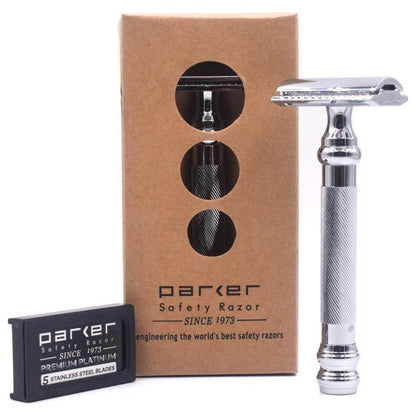 Parker 98R heavy-weight 3-piece double edge safety razor with matte chrome finish, featuring a textured handle for a secure grip.