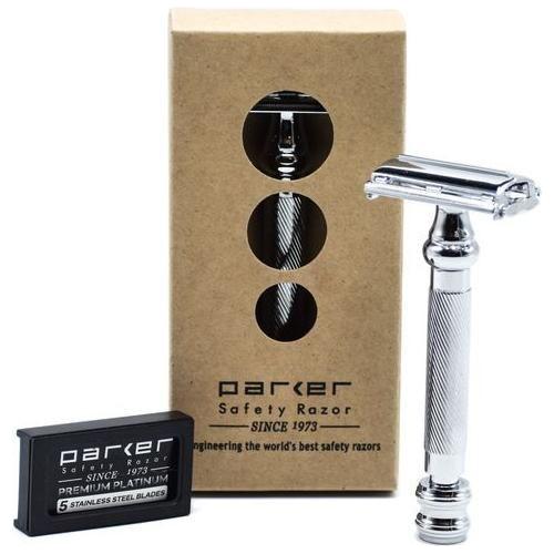 Parker 99R Chrome safety razor with long handle and butterfly head, showcasing its shiny, heavyweight design and ergonomic grip.
