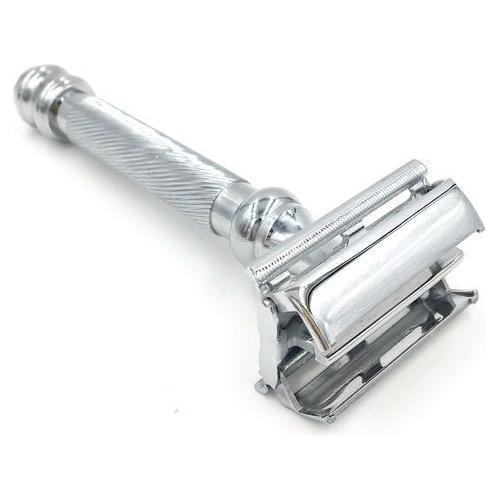 Parker 99R Chrome Safety Razor with long handle and butterfly design, showcasing a shiny, heavyweight metal construction.