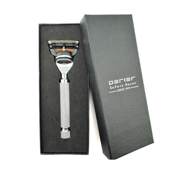 Chrome Parker Safety Razor CHRFUS with polished handle and safety guard, ideal for close, smooth shaving.