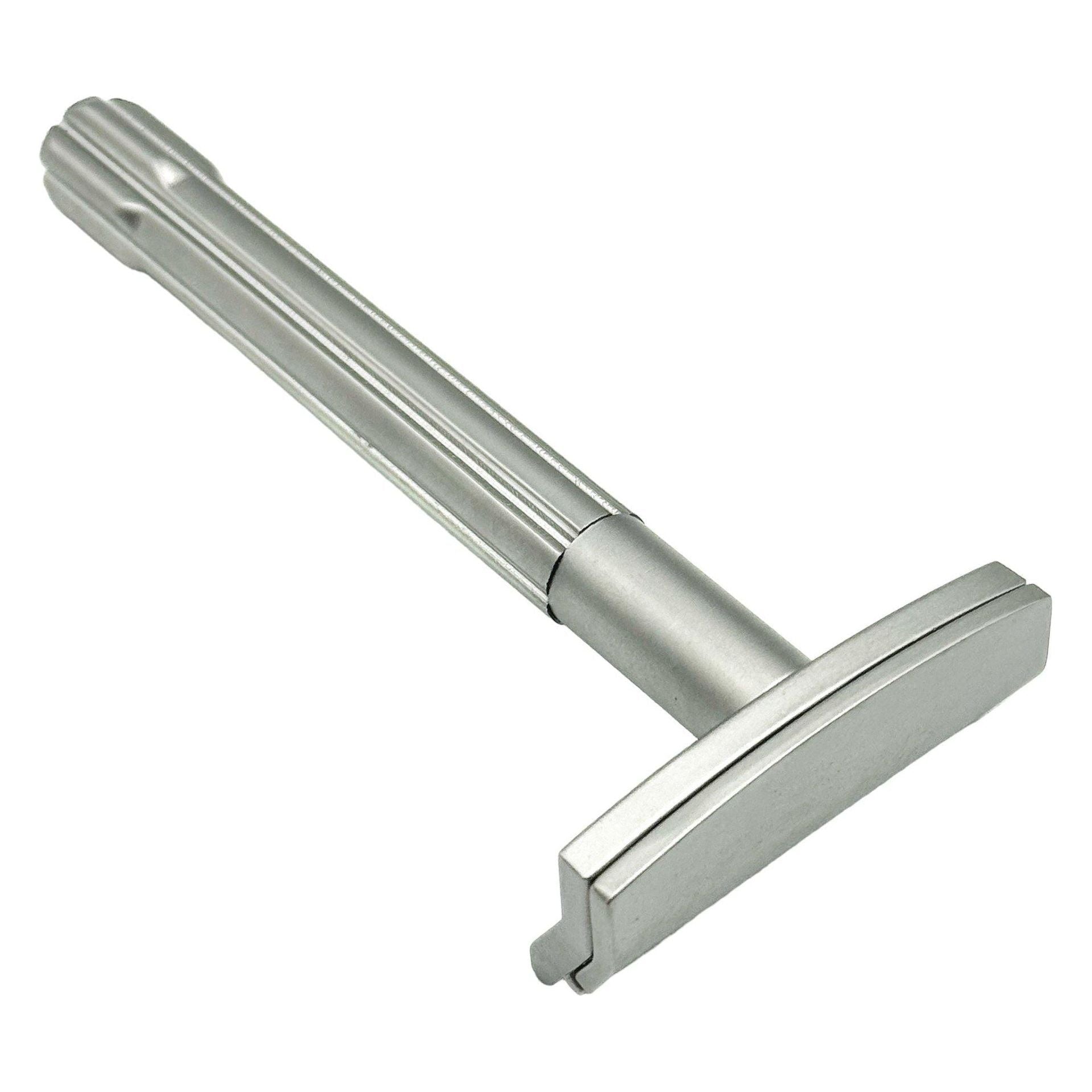 Parker SoloEdge single edge safety razor with a sleek metal handle and safety guard for a close shave.