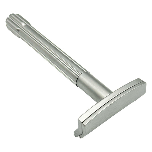 Parker SoloEdge single edge safety razor with a sleek metal handle and safety guard for a close shave.