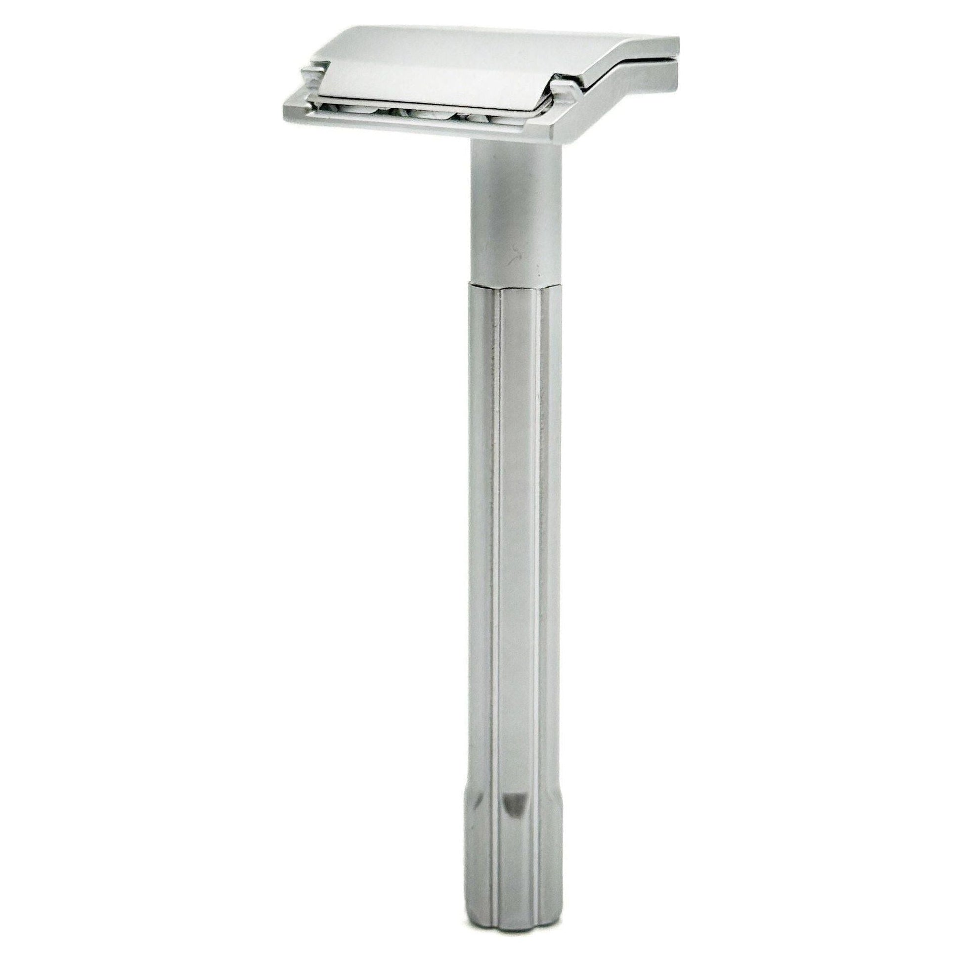 Parker SoloEdge single edge safety razor with black handle and silver head, designed for close, smooth shaves.