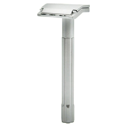 Parker SoloEdge single edge safety razor with black handle and silver head, designed for close, smooth shaves.
