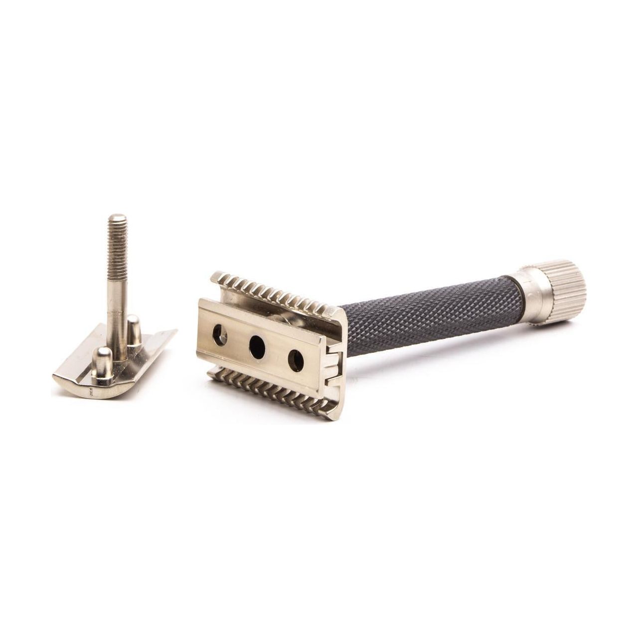 Parker Variant adjustable open comb safety razor in graphite finish, with textured handle and sleek design for a close shave.