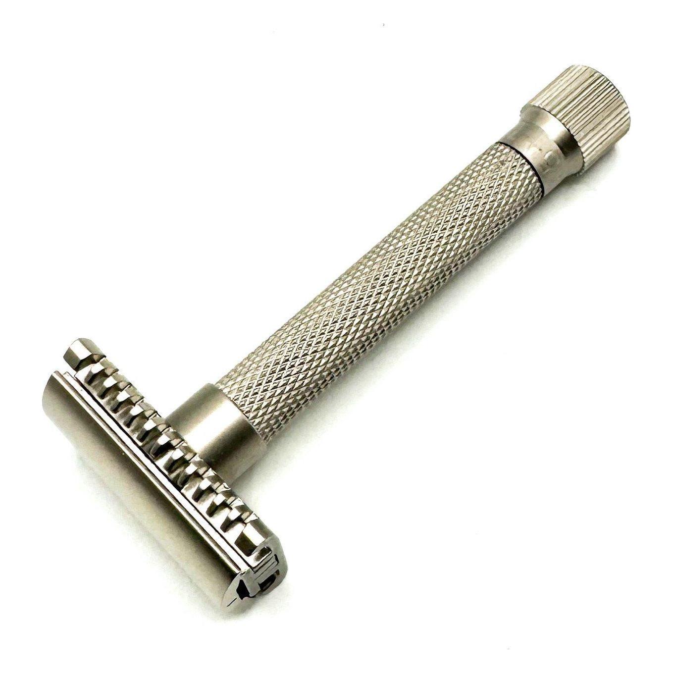 Parker Variant adjustable open comb safety razor in satin chrome with textured handle, designed for a close, comfortable shave.