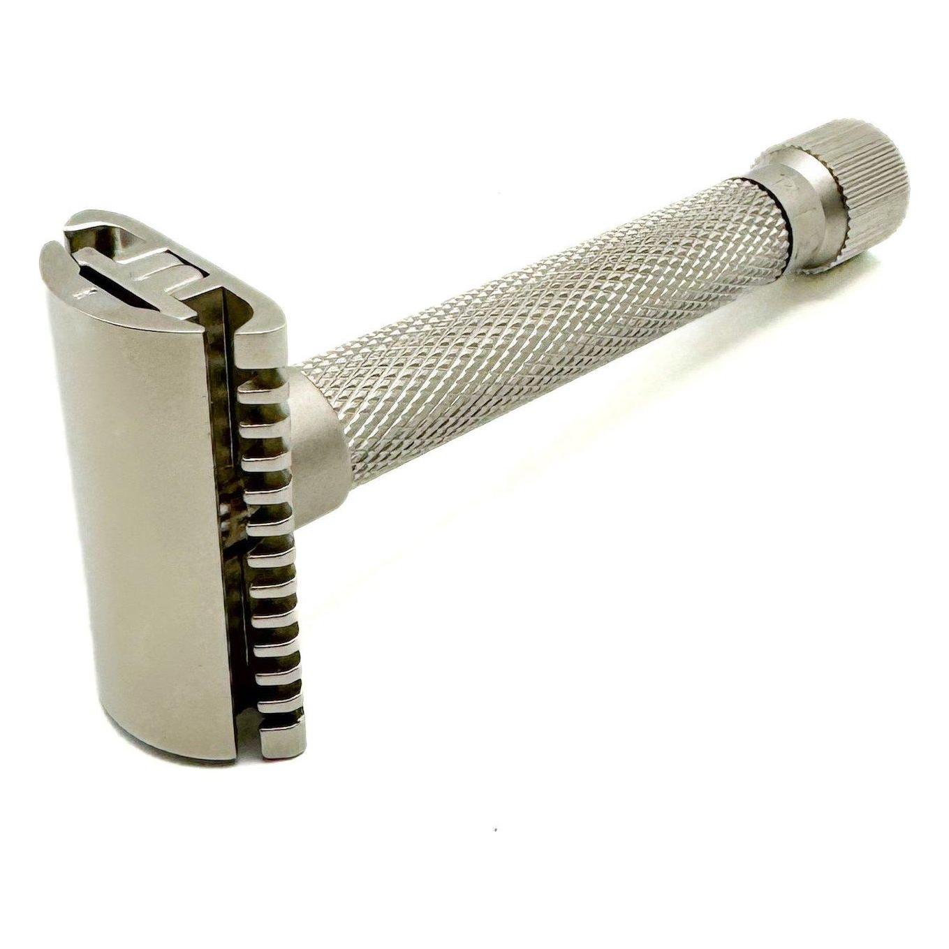 Parker Variant adjustable open comb safety razor in satin chrome with textured handle and open comb head for close shaves.