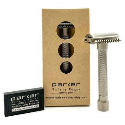 Parker Variant adjustable open comb safety razor in satin chrome with textured handle for a secure grip.
