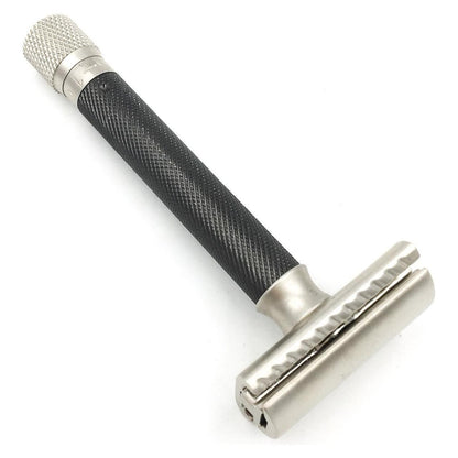 Parker Variant Adjustable Safety Razor in graphite finish, featuring a sleek metal handle and adjustable head for a close shave.