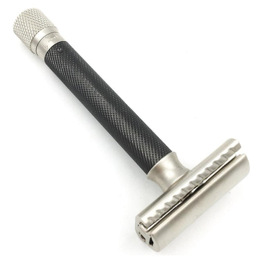 Parker Variant Adjustable Safety Razor in graphite finish, featuring a sleek metal handle and adjustable head for a close shave.