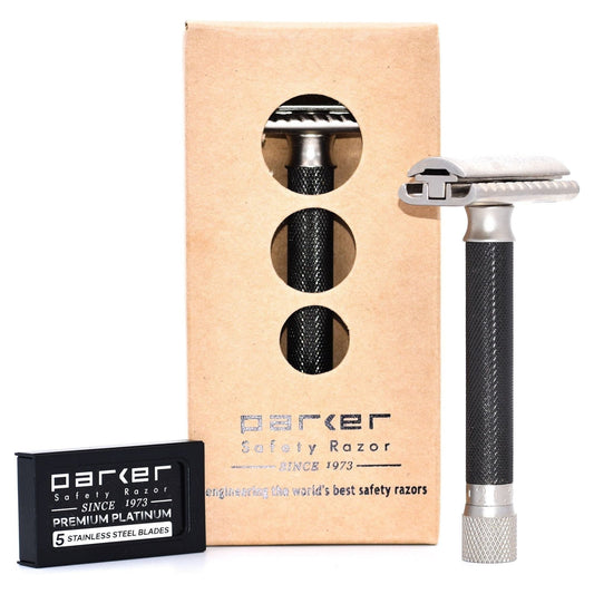 Parker Variant Adjustable Safety Razor in graphite finish, with a textured handle and adjustable head for a close shave.