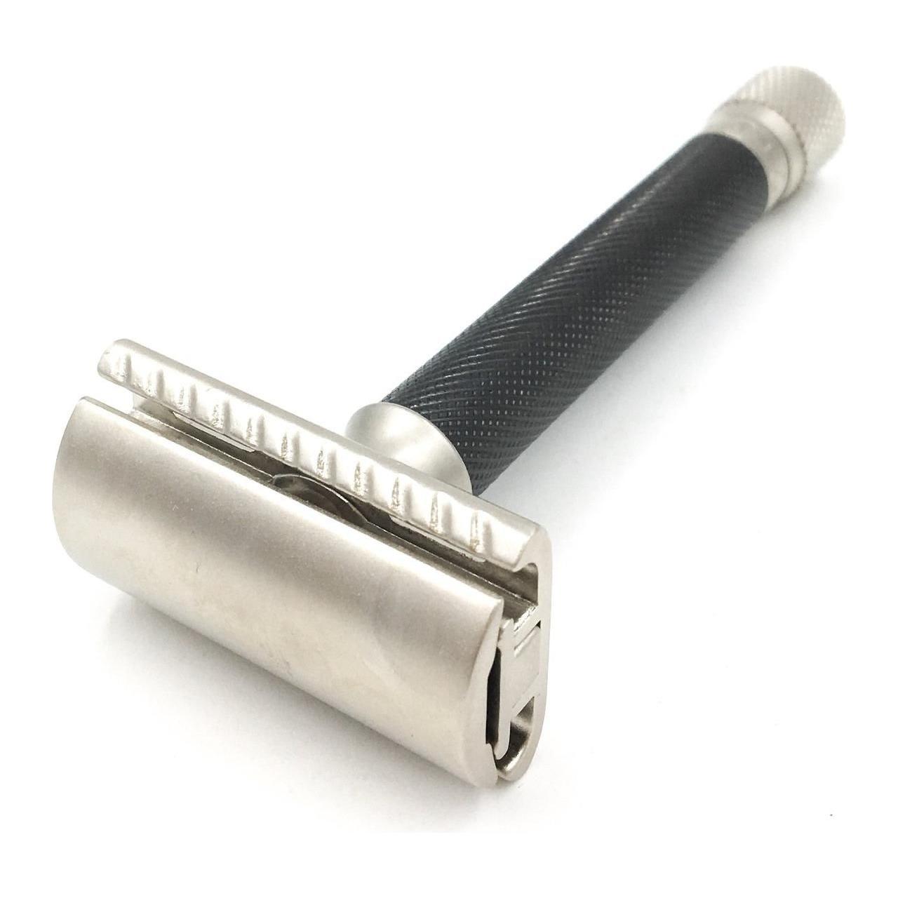 Parker Variant adjustable safety razor in graphite finish, featuring a textured handle and adjustable head for a close shave.