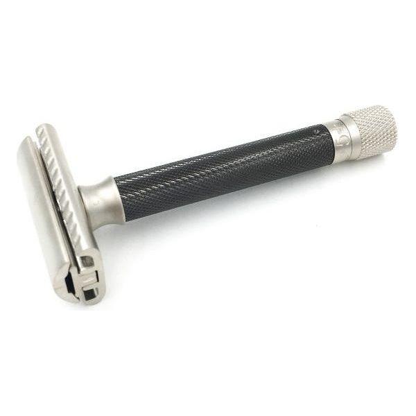 Parker Variant Adjustable Safety Razor in graphite finish with textured handle and adjustable head for a close shave.