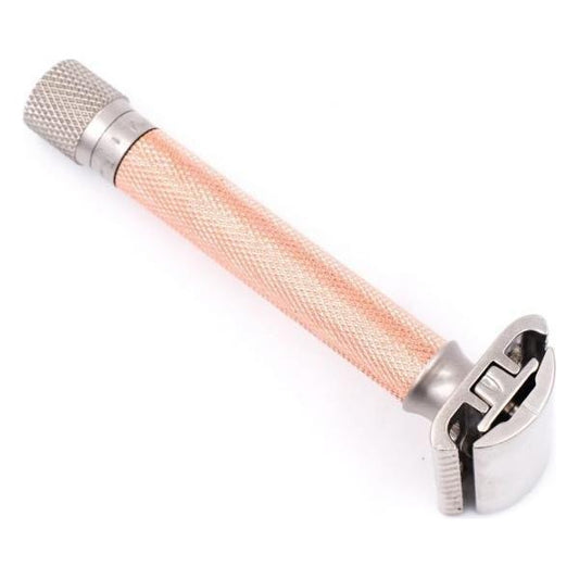 Parker Variant adjustable safety razor with rose gold finish, featuring a textured handle and adjustable blade tension for a smooth shave.