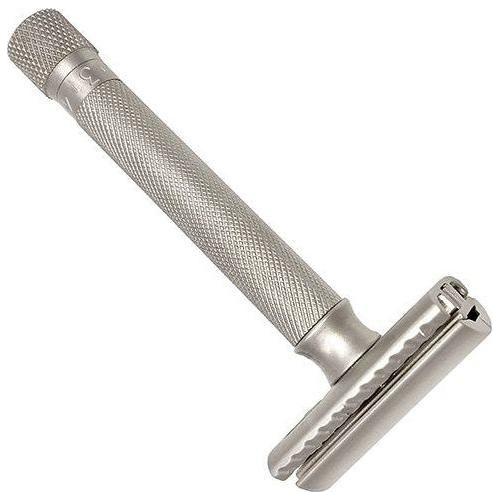 Parker Variant adjustable safety razor in satin chrome with textured grip and adjustable head for a close shave.