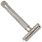 Parker Variant adjustable safety razor in satin chrome with textured grip and adjustable head for a close shave.