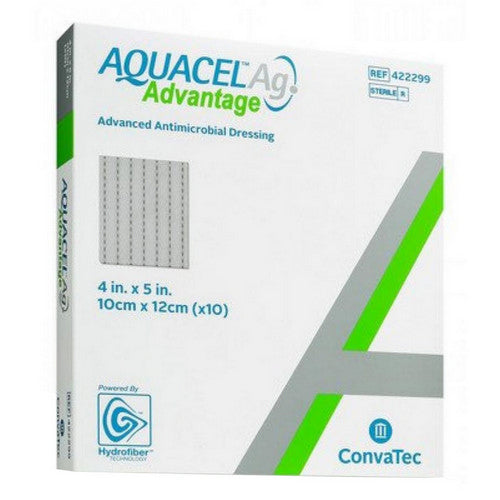 Convatec Aquacel Advantage Silver Dressing box of 10, wound dressing with antimicrobial silver, used for infection control and wound healing.