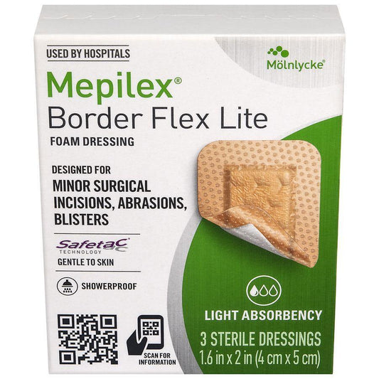 Mepilex Border Flex Lite silicone foam adhesive dressing by Pasteur Pharmacy, flexible and all-in-one wound care dressing.