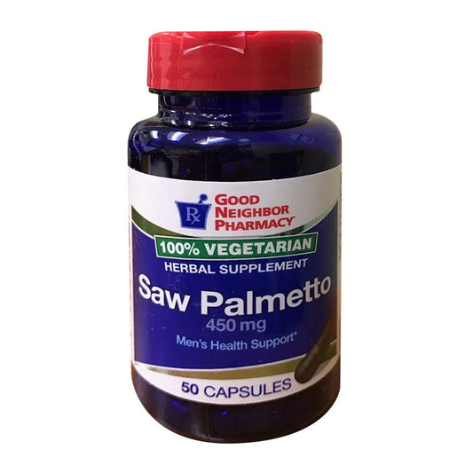 Bottle of Good Neighbor Pharmacy GNP Saw Palmetto 450mg capsules by Pasteur Pharmacy, with 50 capsules in the container.