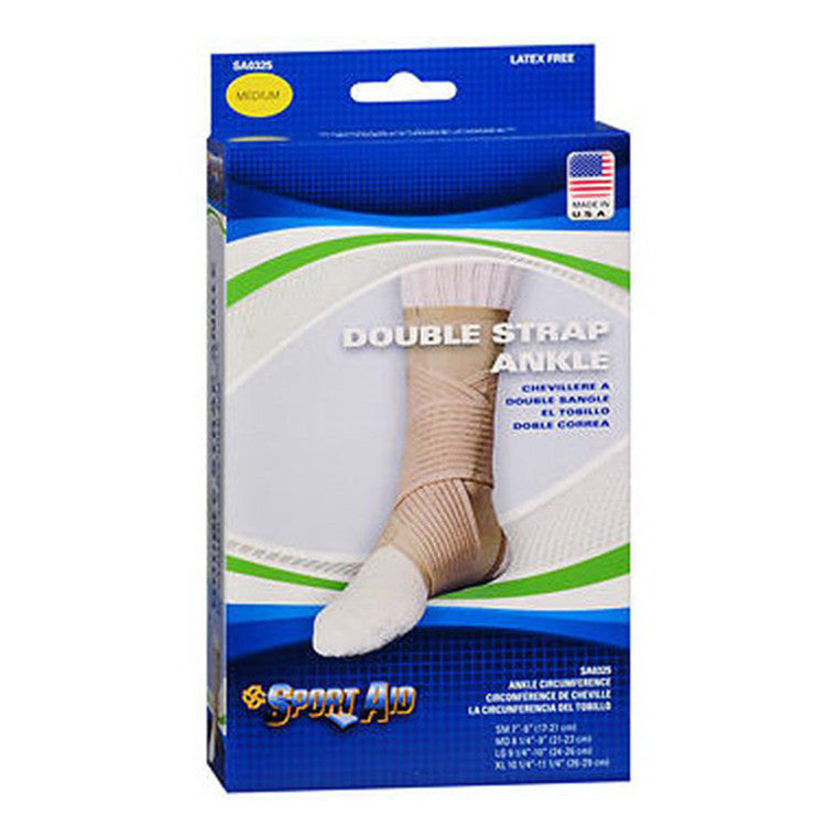 Sport Aid Double Strap Ankle Support in medium size, designed for enhanced stability and support during physical activity.