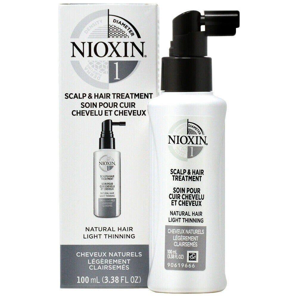 Nioxin System 1 Scalp Treatment for natural light thinning hair, 3.38oz bottle, designed to strengthen hair and improve scalp health.