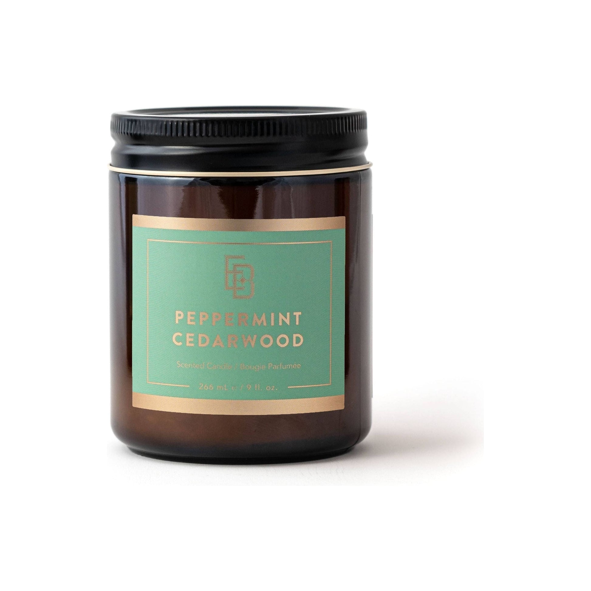 Educated Beards peppermint and cedarwood scented candle in a 9 fl oz jar, featuring a natural wax finish and a wooden wick.