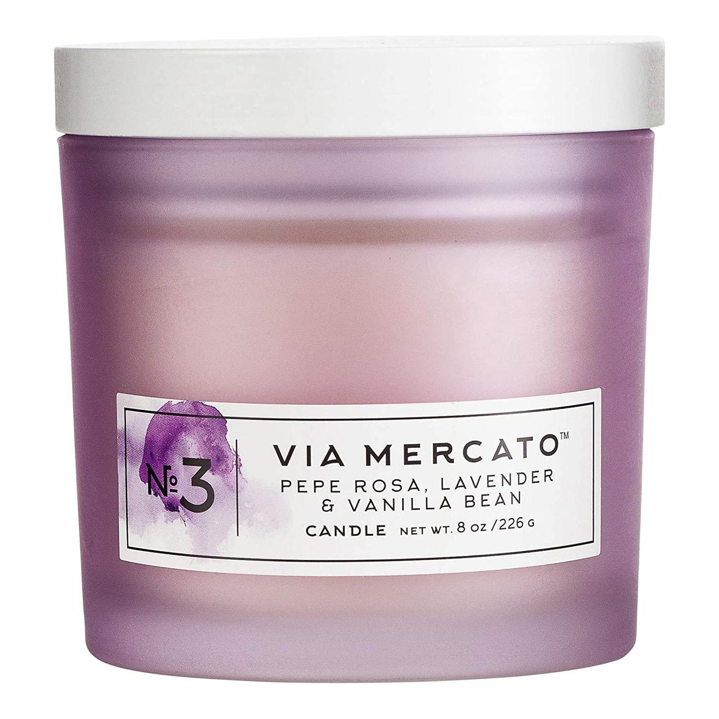 Pasteur Pharmacy Via Mercato Nro. 3 scented candle with Pepe Rosa, lavender, and vanilla bean, 8oz in a glass container.