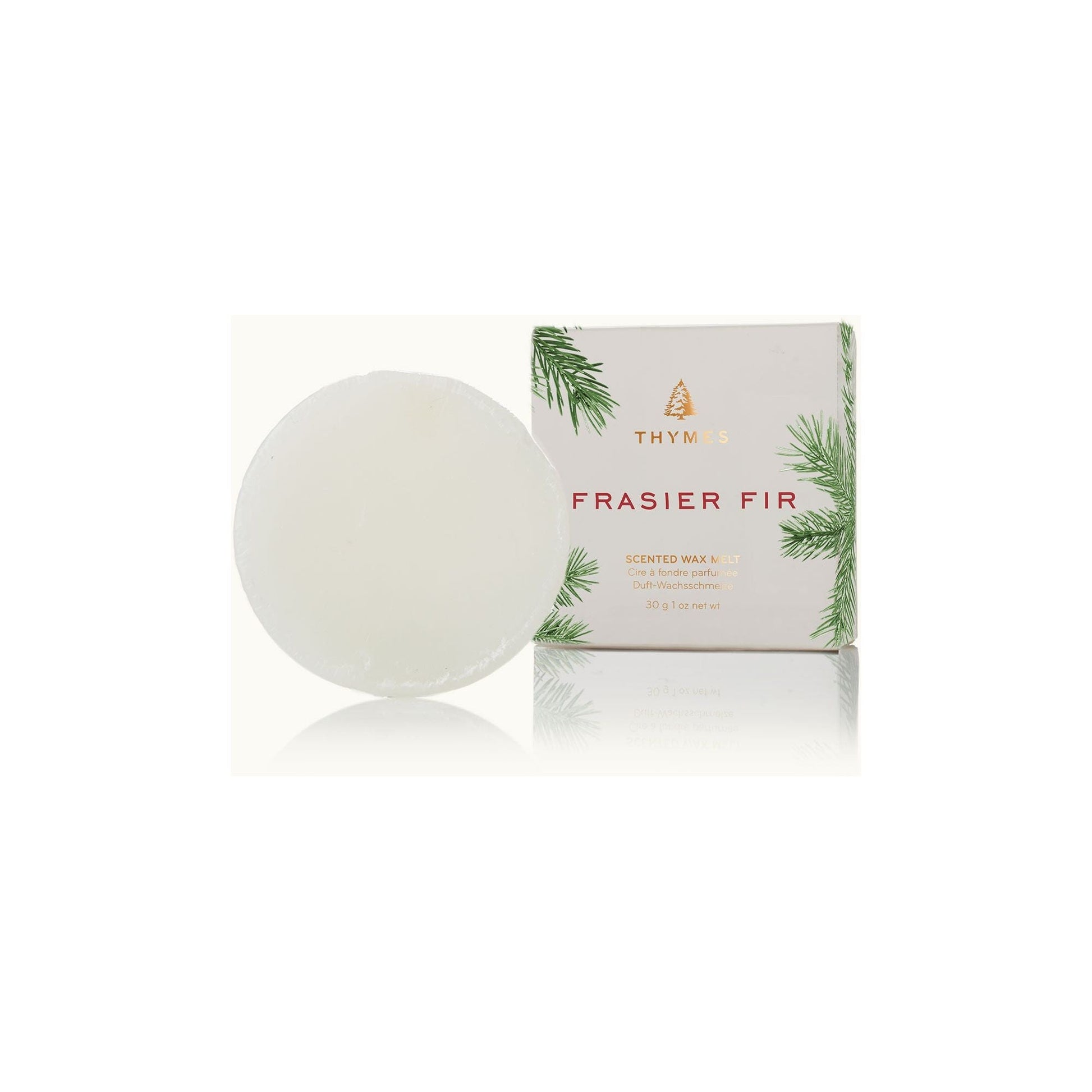Thymes Frasier Fir scented wax melt by Pasteur Pharmacy, 1oz, with pinecone and fir tree imagery on the packaging.