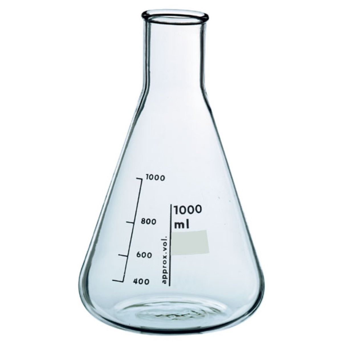 1000 mL borosilicate glass Erlenmeyer flask for science and laboratory use, with a narrow neck and measurement markings.