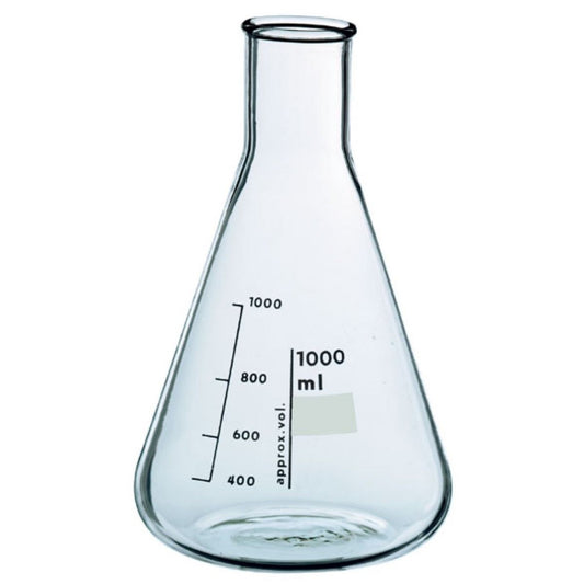 1000 mL borosilicate glass Erlenmeyer flask for science and laboratory use, with a narrow neck and measurement markings.