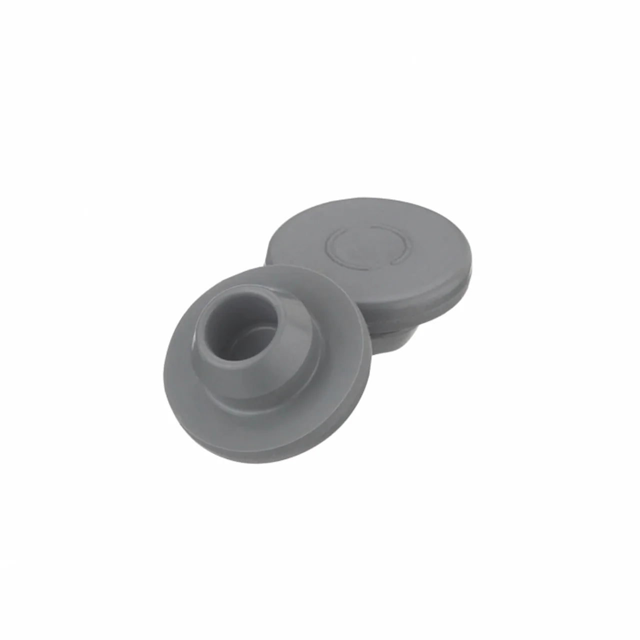 Gray 13 mm Chlorobutyl Snap-On Vial Stoppers for laboratory vials, shown in a large case of 1,000 by Pasteur Pharmacy.