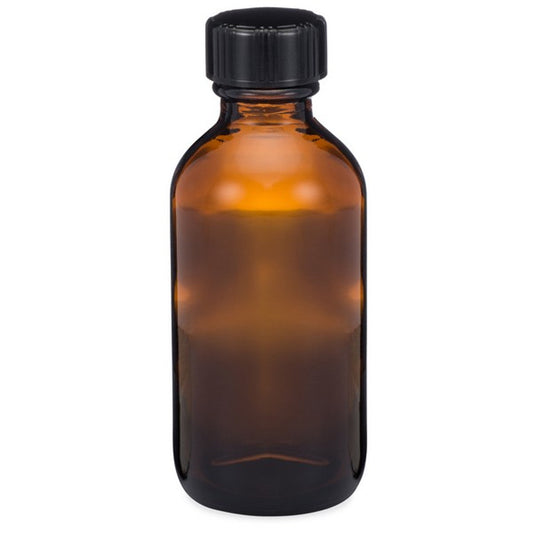 Set of 96 2 oz amber glass Boston round bottles with black screw caps for science and laboratory use.