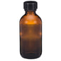 Set of 96 2 oz amber glass Boston round bottles with black screw caps for science and laboratory use.
