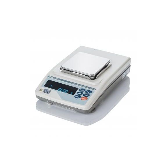 A&D GF-300N precision balance on laboratory bench showing digital display with weight measurements, NTEP certified, external calibration.