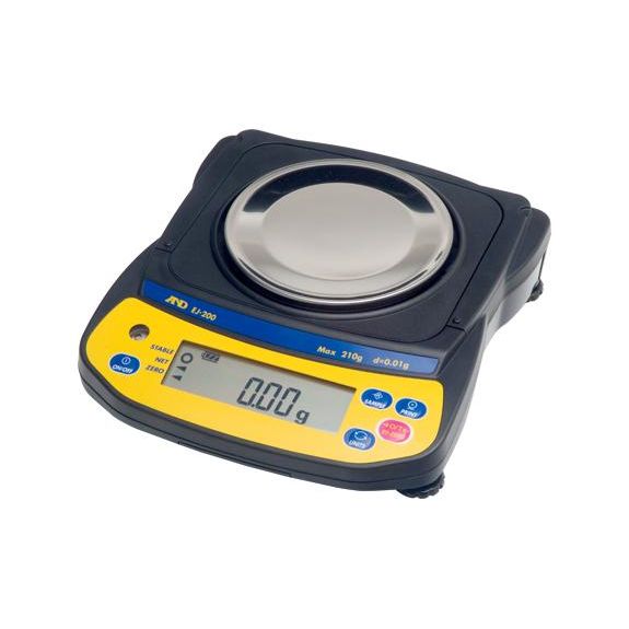 A&D Newton EJ-410 portable precision balance displaying a digital screen with measurement readings in a science and laboratory setting.