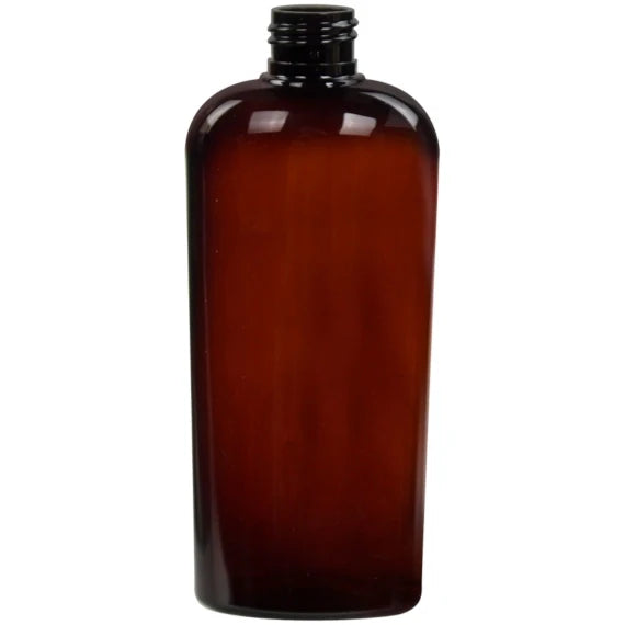 12-pack of 8 oz amber gradient oval PET bottles for science and laboratory use by Pasteur Pharmacy.