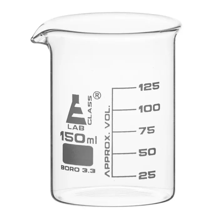 Borosilicate glass beaker with graduated markings, low form, 150 mL capacity, used in science and laboratory settings.