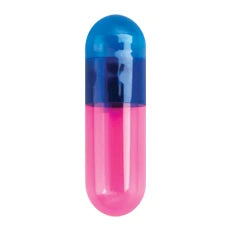 Blue and pink CONI-SNAP hard gelatin capsules, Size #1, from Pasteur Pharmacy, shown in a large quantity for science and laboratory use.