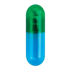 Green and blue CONI-SNAP hard gelatin capsules, Size #3, from Pasteur Pharmacy, shown in a bulk 5,000-count package for science use.