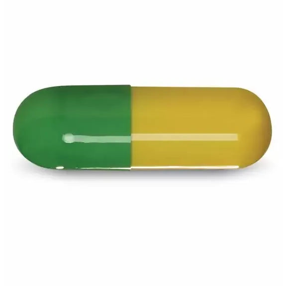 Yellow and green size 1 gelatin capsules from Pasteur Pharmacy, 1,000 count, used for supplements or laboratory purposes.