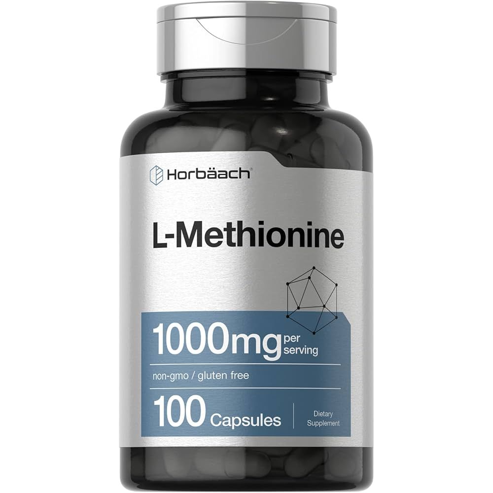 Horbäach L-Methionine Powder USP Grade in a 1 kg bulk supply, shown in scientific laboratory packaging by Pasteur Pharmacy