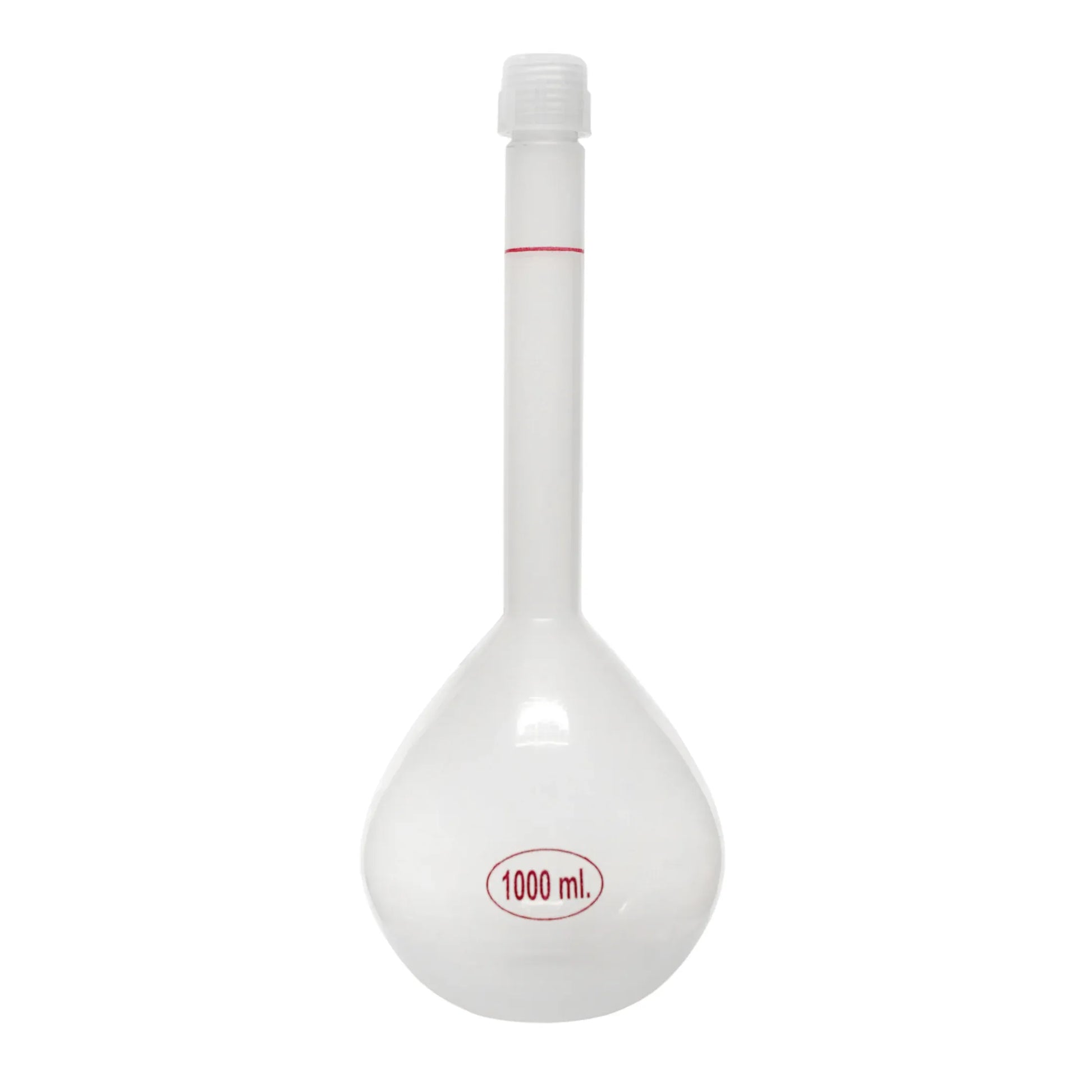 Six KIMAX 1000 mL borosilicate glass volumetric flasks, Class A, for precise laboratory measurements, shown in a science lab setting.