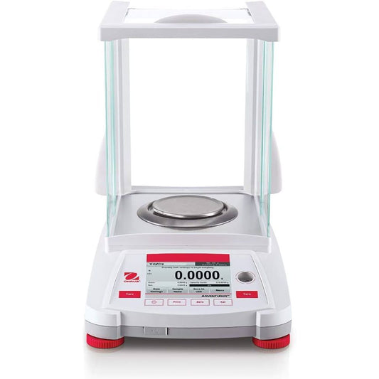 OHAUS Adventurer Precision Balance in science laboratory setting, showing internal calibration and 420g x 0.001g measurement capabilities