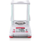 OHAUS Adventurer Precision Balance in science laboratory setting, showing internal calibration and 420g x 0.001g measurement capabilities