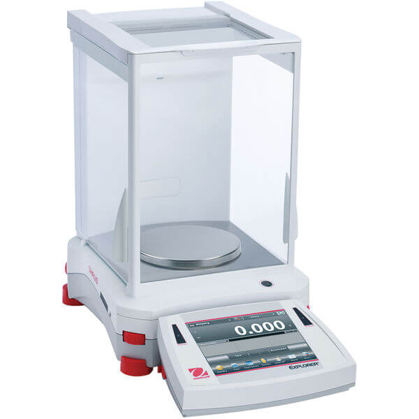 Ohaus Explorer Precision Balance used in science labs, measuring 1100g with 0.001g accuracy, internal calibration for precise weighing