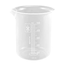 500 mL polypropylene beaker used in science and laboratory experiments, featuring clear measurement markings and a sturdy handle.